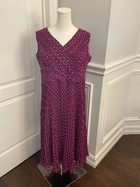 Jacques Vert Sleeveless Plum Polka Dot Pleated Midi Dress
